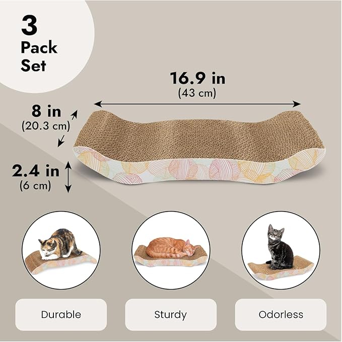 Zodaca Cat Scratcher Bed - Reversible Cardboard Cat Scratch Pad - Catnip Bed for Indoor Felines - Kitten Scratcher Lounger for Stretch & Relax - Pack of 3, 16.75 x 8 x 2.4 in