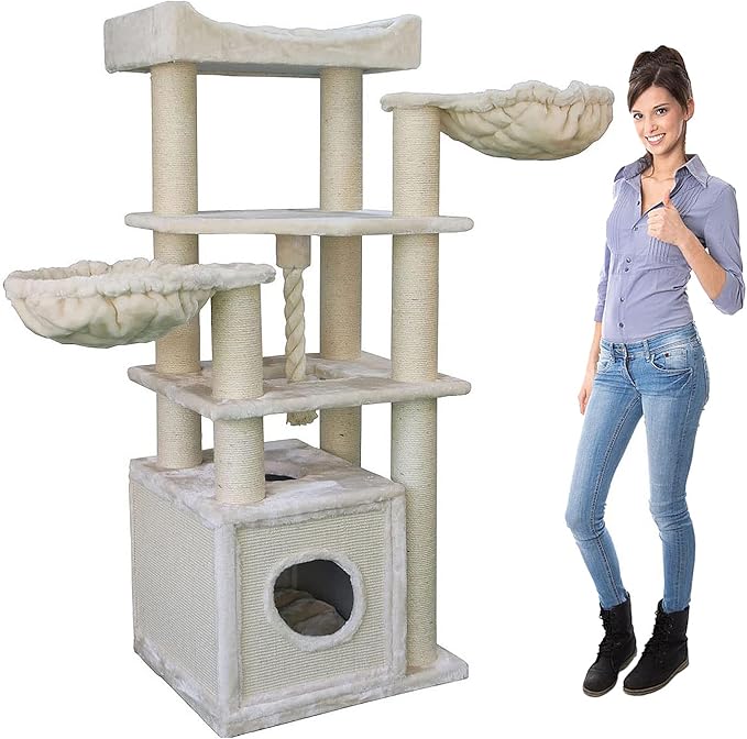 CozyCatFurniture Cat Tree for Maine Coon Cats with Big Perch on Top, Luxury 69in Cat Condo King with Two Large Hammocks, XXL Heavy Duty Cat Tower