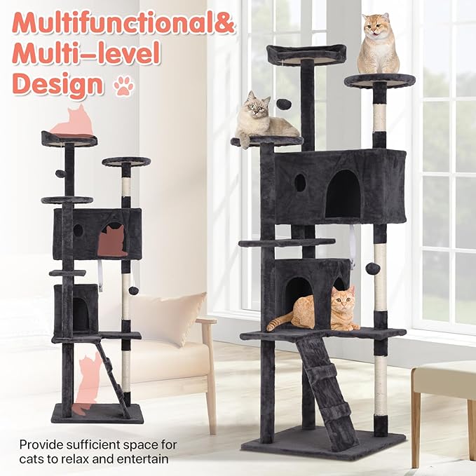 Cat Tree with Scratching Post,Cat Tower House for Indoor Large Adult Cats Kittens,21" Multi-Level Activity Cat Cando Furniture,Grey