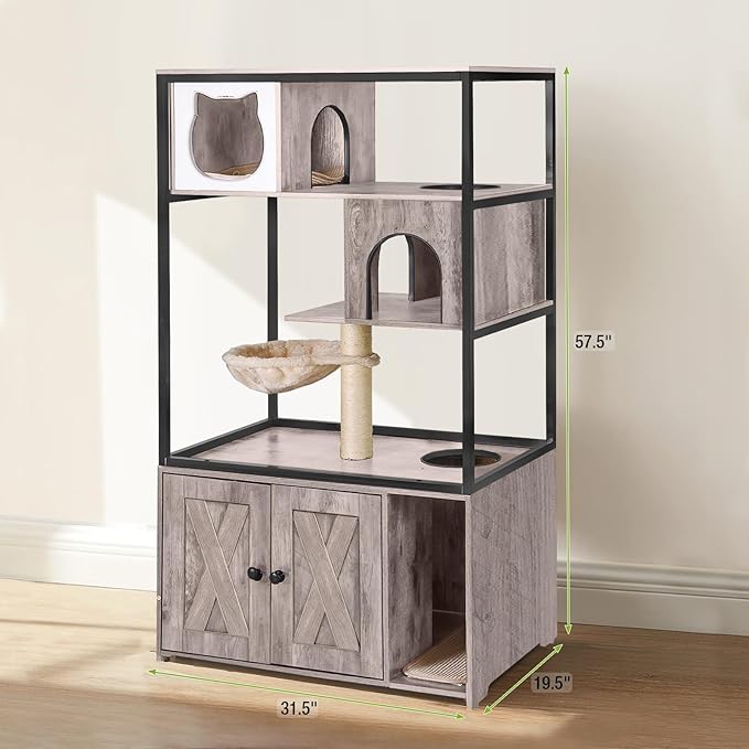 GUTINNEEN Cat Litter Box Enclosure Cat Tree with Hidden Litter Box Furniture with Scratching Post, Hammock, and Mat 57.5 Inch (Nature)