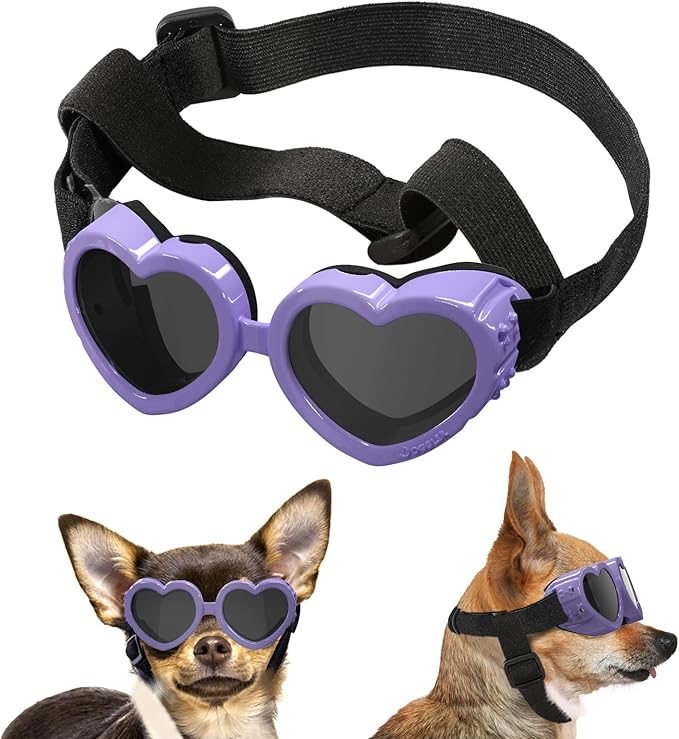 Lewondr Small Dog Sunglasses UV Protection Goggles Eye Wear Protection with Adjustable Strap Doggy Heart Shape Anti-Fog Sunglasses for Pet Dogs Sun Glasses Doggie Windproof Glasses, Macaron Purple