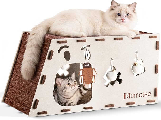 Felt Cat Cave House for Indoor Cats with Catnip Toy, Large Cat Bed Tunnel for Scratching Play, No-Tool Assemble Warm Silent Cat House for Large Cats Up to 22lb, Durable and Washable, Cream