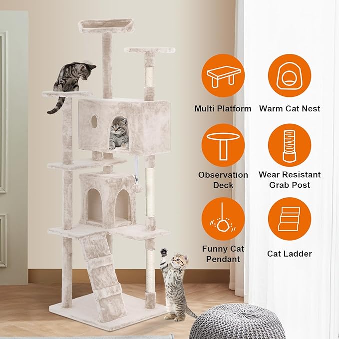 Cat Tree 69.3 inches Cat Tower for Indoor Cats Cat House with Replaceable and Removable Dangling Ball Cat Trees and Towers with Funny Toys, Beige