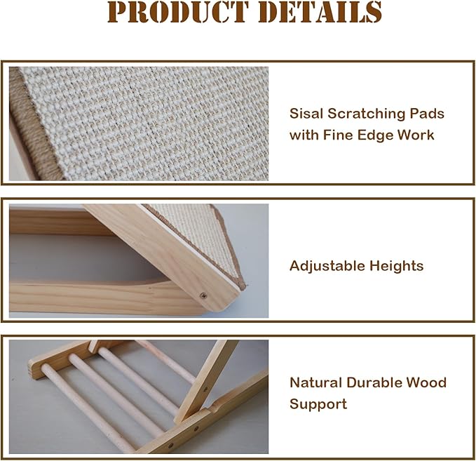 Sisal Cat Scratcher Ramp,Tilted Natural Wood Vertical Scratcher Pad for Cats with Sisal Scratching Board Durable Adjustable Height Pet Scratching Pads for Indoor Dogs Kitten Holding up to 80LBS