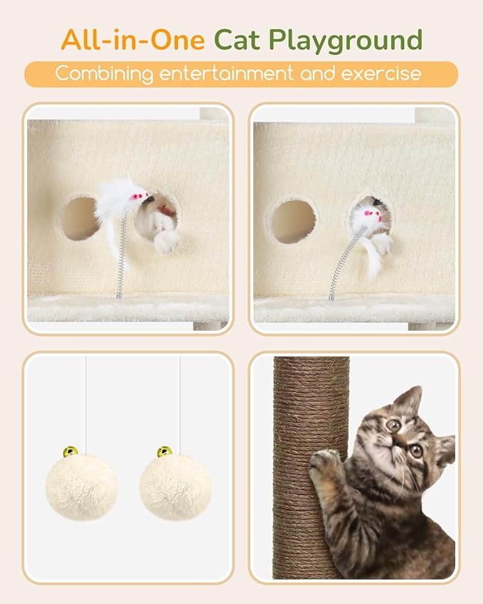 Globlazer Heavy Duty Cat Tree Tower 80in Tall Extra Large Cat Tree Tower for Multiple Indoor Cats Large Adult with Scratching Posts, 2 Spacious Condos, Padded Perches, Soft Hammock, S80B, Beige