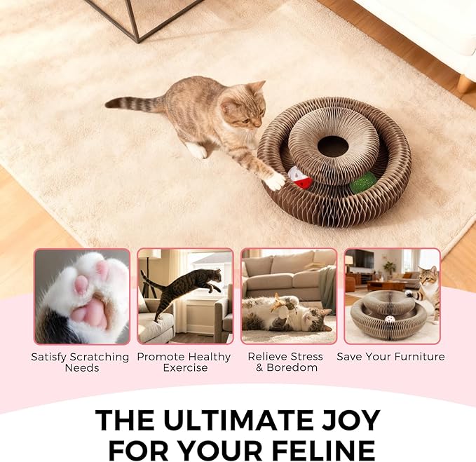 Magic Organ Cat Scratcher Toy, Large Extra-Thick Interactive Foldable Accordion Cardboard Scratching Board with Catnip & Bell Ball, Magnetic Enrichment Toy for Indoor Cats & Kittens