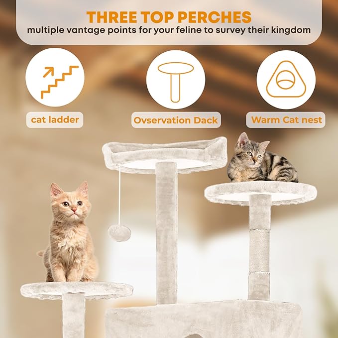 70in Cat Tree for Indoor Cats, Cat Tower with Cat Scratching Post, Multi-Level Cat Furniture, Cat Tower with Funny Toys for Kittens-Beige