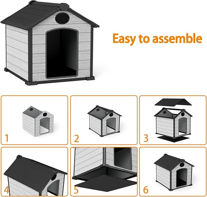 Indoor Outdoor Dog House Weatherproof for Small Medium Dogs, Resin Plastic Pet House with Flip Lid and Elevated Floor, Easy Assembly (45" Large Dog House)