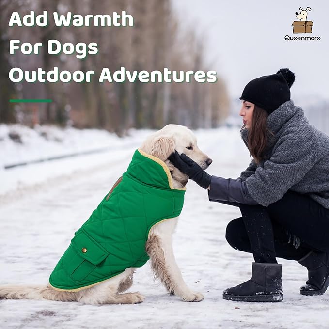 Queenmore Warm Dog Coat, Cold Weather Puffer Dog Coat Vest, Quilting Winter Pet Jacket Ultra Thick Plush Fleece Lining Pet Clothes for Dogs with Storage Pockets (Forest Green, X-Small)