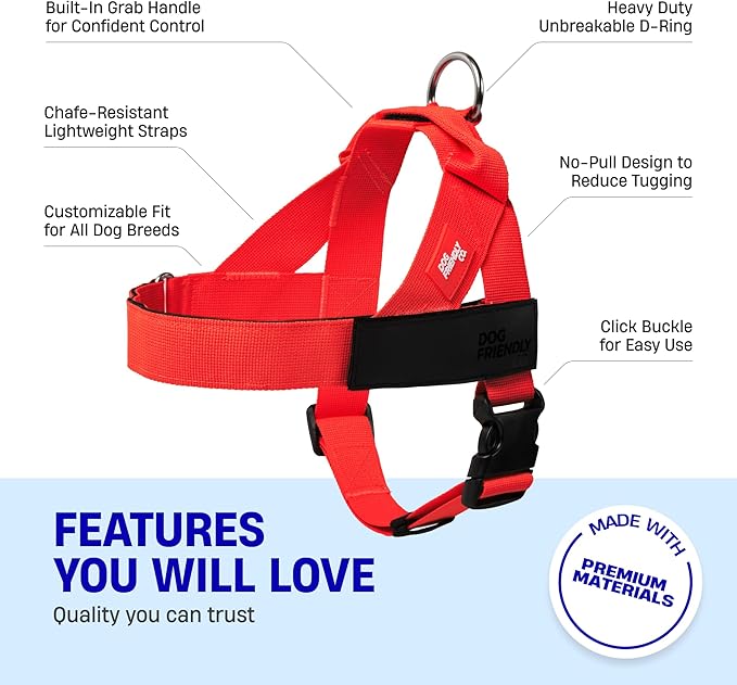 DF Co. Dog Harness | Chafe Resistant Webbing, Adjustable Neck & Chest, and Heavy Duty D-Ring | Sturdy, Comfortable, Easy to Use | Red, Size L