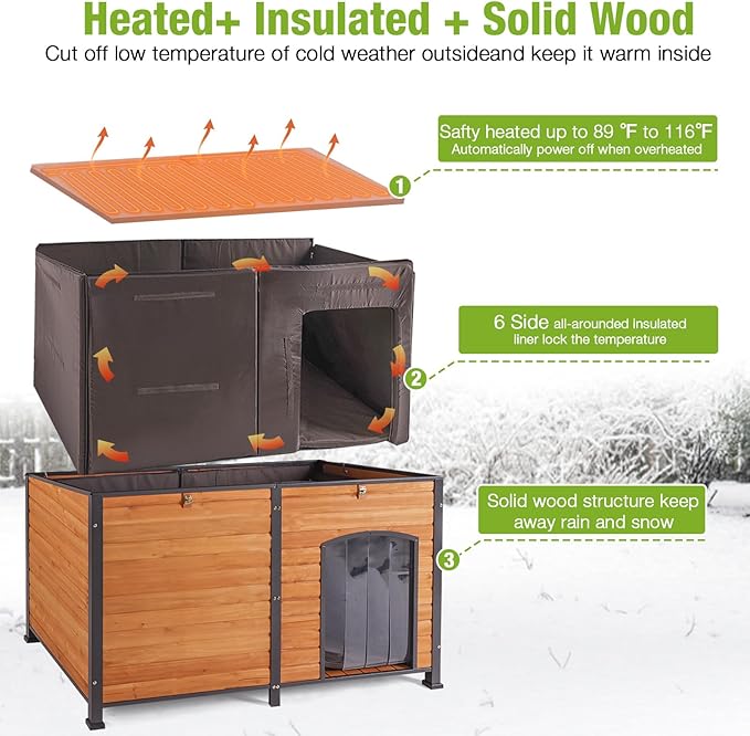 GUTINNEEN Extra Large Heated Dog House for Large Dogs, 6-Sided Insulated Outdoor Dog House with Thermostat Heating Pad, Metal Frame, Insulated Liner, Weatherproof Warm Shelter for Winter Use, Brown