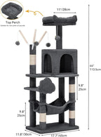 DWVO 44in Cat Tree for Indoor Kittens: Cat Tower Multi-Level with Scratch Posts, Window Padded Plush Perch, Hammock, and Interactive Pompoms Dark Gray