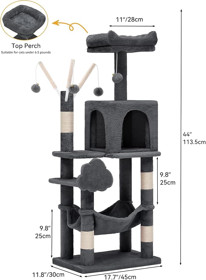 DWVO 44in Cat Tree for Indoor Kittens: Cat Tower Multi-Level with Scratch Posts, Window Padded Plush Perch, Hammock, and Interactive Pompoms Dark Gray