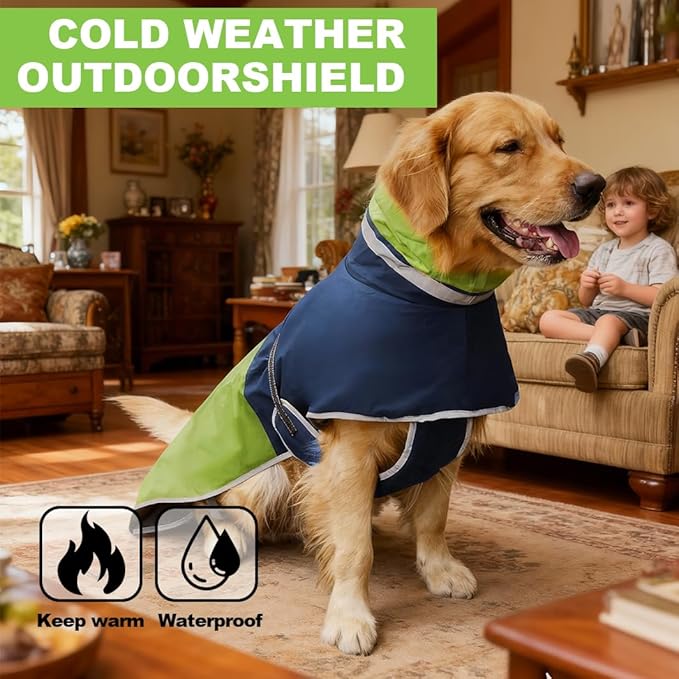 Waterproof Dog Winter Coat, Reflective Turtleneck Fleece Jacket with Snow Protection for Large Dogs, Cold Weather Pet Clothing (Green, 2XL)