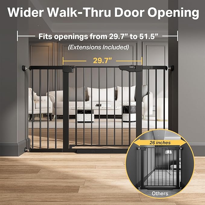 Cumbor 29.7–51.5" Extra Wide Baby Gate for Stairs, Pressure-Mounted Dog Gates for Doorways & Hallways, Auto-Close Walk-Through, No-Trip Design, Child Proof Safety, Dog/Pet Gate for Indoor Use, Black