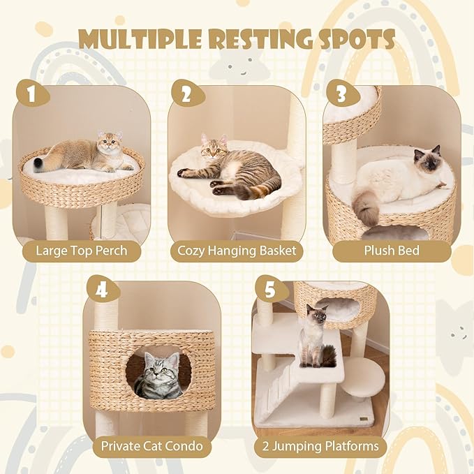 Tangkula Modern Cat Tree, 50 Inch Multi-Level Cat Tower with Cattail Fluff Condo & Top Perch, Hanging Basket, Platforms, Ladder, Dangling Ball, Sisal Scratching Posts for Indoor Cats