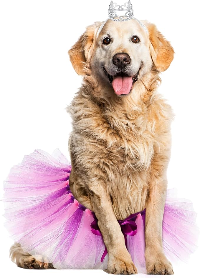 2 Pcs Dog Crown Headband Dog Tutu Dress Set Crystal Rhinestone Tiara Crown Tutu Skirt Pet Dress Costume for Puppy Birthday Party Wedding Photo Prop Costume(Large,Pink Purple)