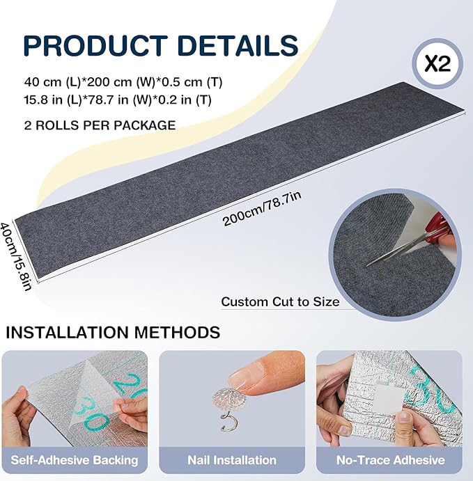 157.5" x 15.8" Cat Scratch Furniteure Protector, Trimmable Self-Adhesive Couch Protector from Cat Claws, Cat Scratching Mat Carpet, DIY Cat Scratch Pads Replacement, 2 Pack (Dark Grey)