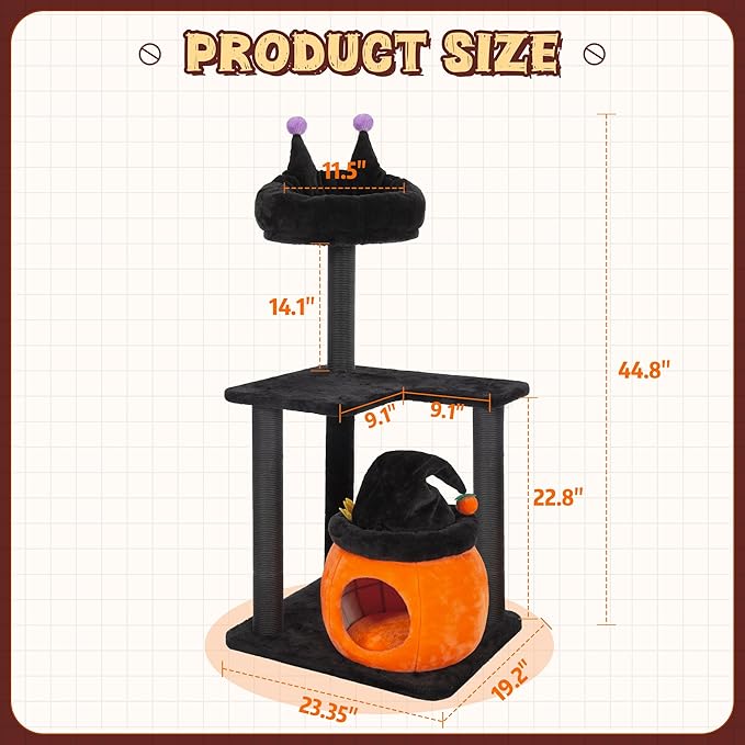 44.8in Gothic Cat Tree, Black Cat Condo Cats Tower with Coffin Bed & Sisal Scratching Posts, Scratching Ramp and Comfort Basket for Indoor Cats (44.8" Tall Black)