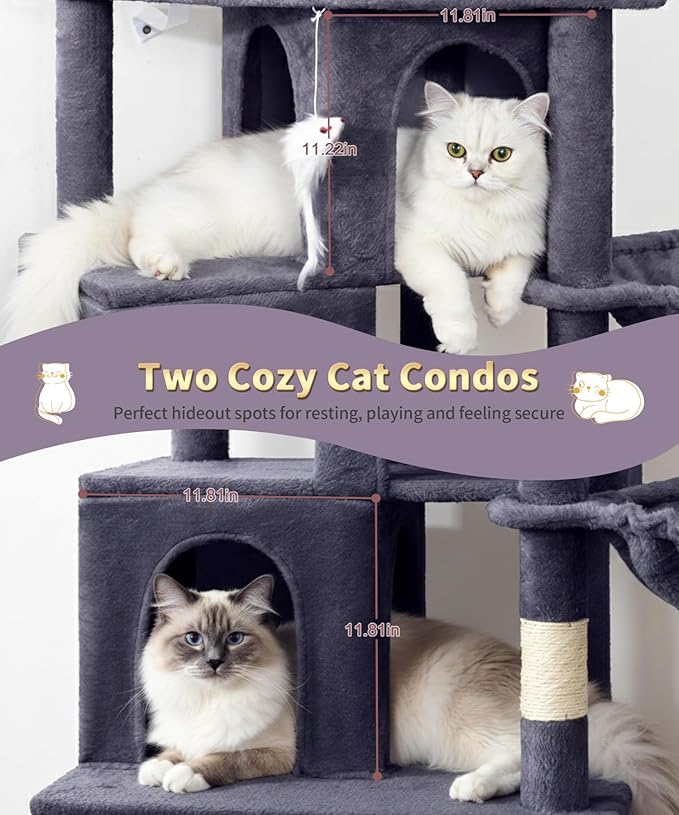 Heavy Duty Cat Tree for Indoor Cat, 74 Inch Cat Tower with Scratching Post, Hanging Basket, Cat Condo with Large Platform for Large Cats, PMT04DG, Dark Grey