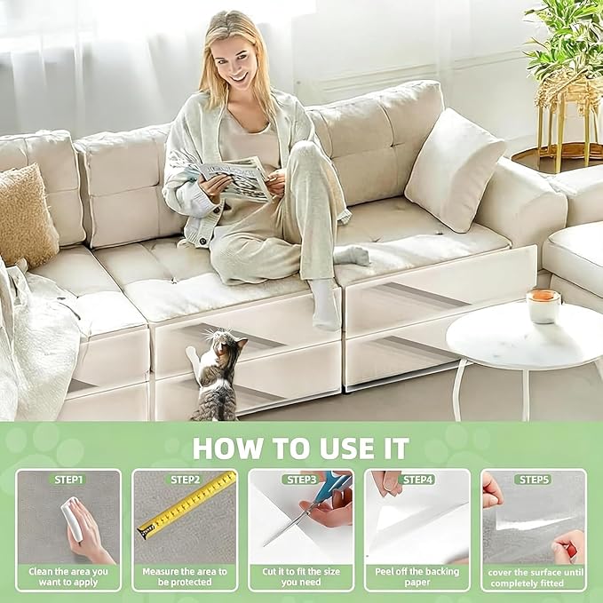 Anti Cat Scratch Furniture Protector, 190"x12" Pins cat Scratch Deterrent for Furniture,Self Adhesive Anti Pet Deterrent Sofa Cover Clear PET Protective Film