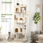 Globlazer Corner Cat Tree 66 inch Multi-Level Climbing Tower Kitty Condos Cat Scratching Tower for Indoor Multiple Cats with Large Platform, 3 Cat Caves, F66, Beige