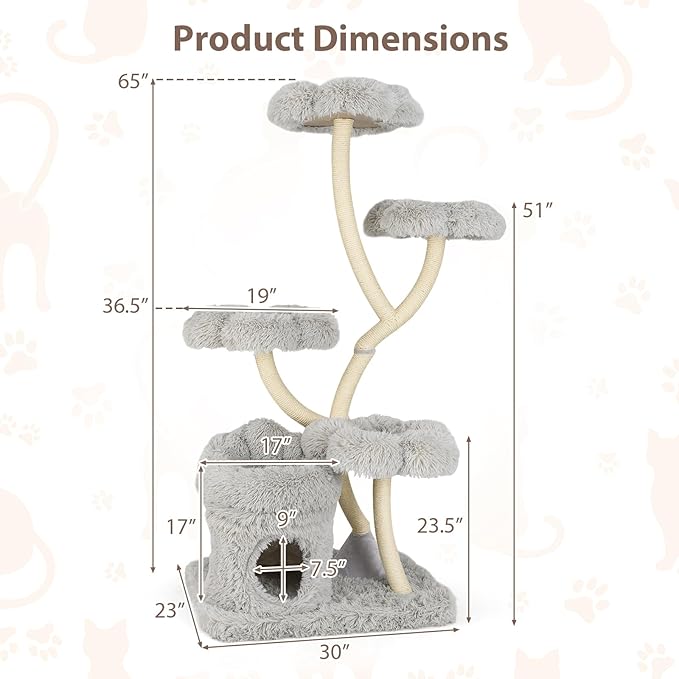 PETSITE 65 Inch Tall Cat Tree, Multi-Level Modern Cat Tree Tower with Sisal Scratching Posts, Cat Condo, Soft Long Plush Covered Platforms, Ideal for Indoor Cats Large Adult (Grey)