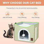 EverBrightly Cat Condo Bed | Foldable Pet Cave with Scratcher Pad, Reversible Cushion & Hanging Toy Ball | Indoor Hideaway, Lounge Perch & Playhouse, Durable Linen with Cozy Sherpa