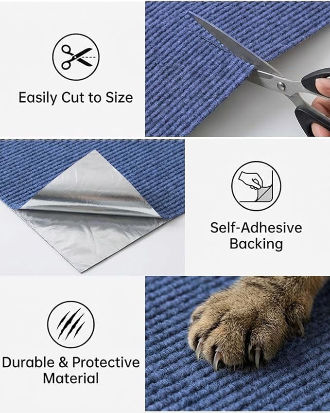Trimmable Self-Adhesive Cat Scratch Mat, DIY Climb Scratcher for Cat Tower, Couch, and Furniture Protector, Replacement Pads (Blue, 23.6''x11.8'', 3-Pack)