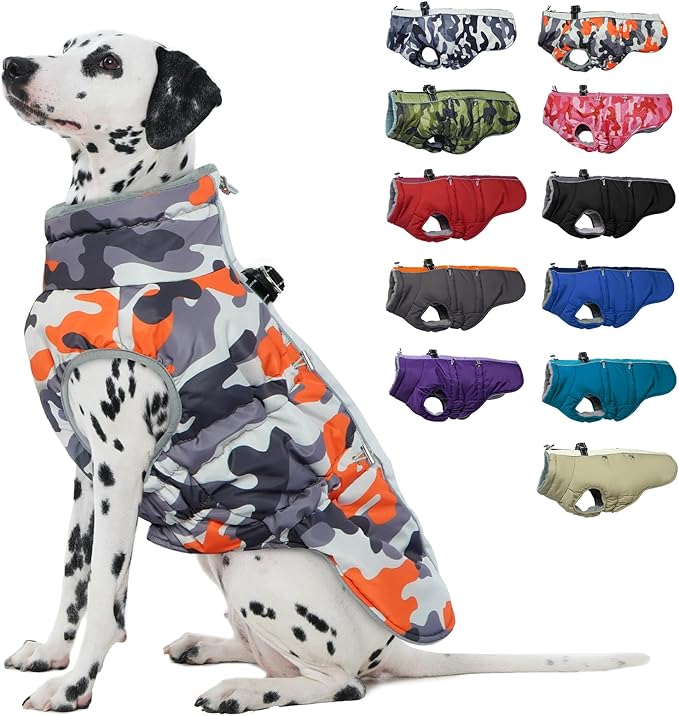 Medium Dog Coat Dog Winter Jacket Warm Dog Coat with Harness Reflective Dog Snow Jacket Water-Resistant Dog Vest Zip Up Snowsuitfor Medium Dogs Jack Russell, Mini Schnauzer Orange-Camouflage
