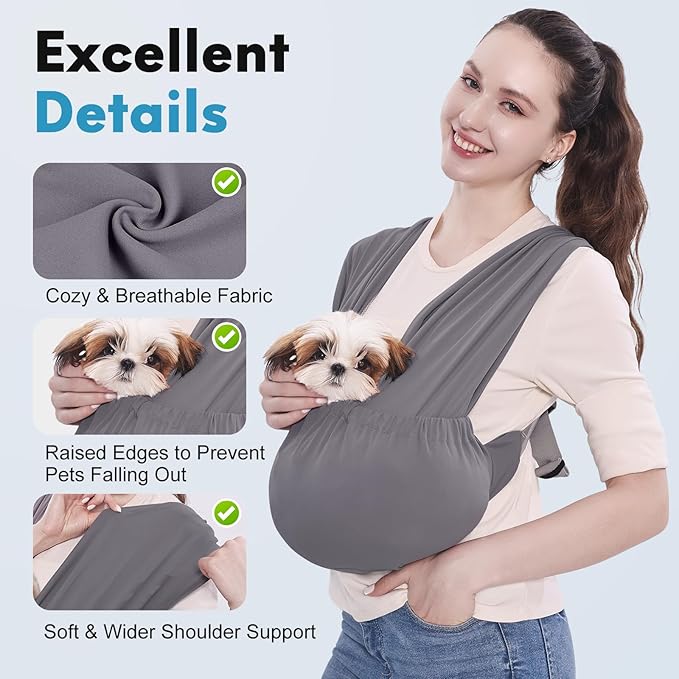 Supet Dog Sling Carrier for Small Pets, Hands Free Cat Sling, Reducing Back Neck Pain Anti-Anxiety Puppy Front, Adjustable Soft Dog Carrying (Grey, Plus 7-15 Lbs)