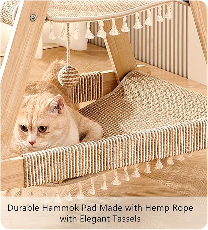 SHENGOCASE 3-Tier Modern A Frame Wooden Cat Tree Tower Ladder with Multi-Level Bed Hammock for Large Cat and Sctatching Post, Hanging Toy Ball (Beige)