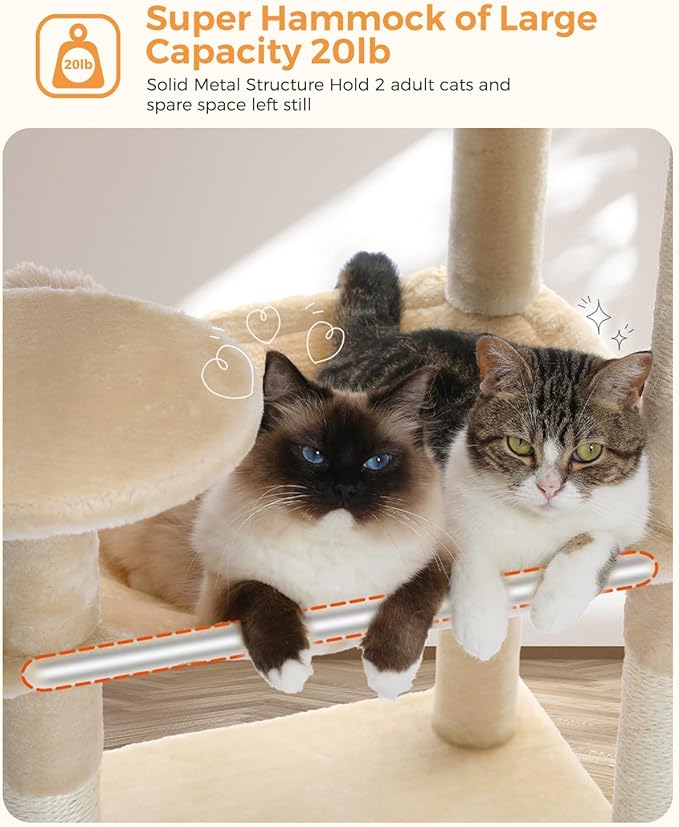 PEQULTI Cat Tree for Large Cats with Metal Frame Big Hammock, Cat Tower for Indoor Cats with 2 Door Condo House, [56.3"=143cm] Multi-Level Cat Shelves with Scratching Posts and Top Perch, Beige
