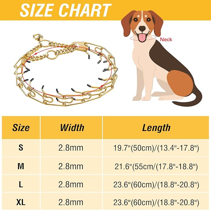 Dog Pinch Collar Stainless Steel,Gold Prong Dog Training Collar,No Pull Martingale Collar Stainless Steel Metal Chain Collar,Adjustable Size Collar for Medium and Large Dogs (L, Gold)