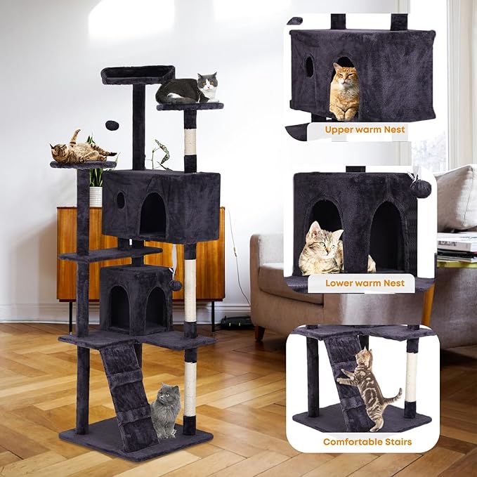 70in Cat Tree for Indoor Cats, Cat Tower with Cat Scratching Post, Multi-Level Cat Furniture, Cat Tower with Funny Toys for Kittens-Ashy