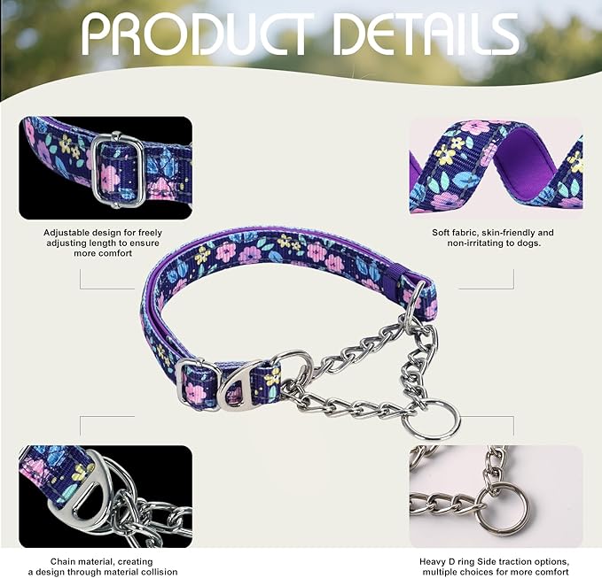 Reflective Martingale Dog Collar with Chain - Comfortable & Safe Choke Dog Collar for Medium Large Extra Large and XXL Dogs Trainer Recommended Collar (Purple Flowers L)