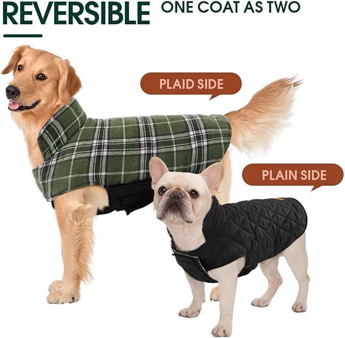 Kuoser Waterproof Dog Coat, Reversible Dog Jacket for Small Dogs, Adjustable Durable Doggie Winter Coat Warm Cozy Puppy Cold Weather Apparel from Small to Large Breed, Green S