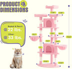 WEEWAY 73in Multi-Level Cat Tree with a Fan-Shaped Base, 2 Cozy Condos, 2 Hanging Baskets, Unique Perch, Sisal Scratching Posts, Hanging Balls, Ideal for Multiple Indoor Kitties, Pink