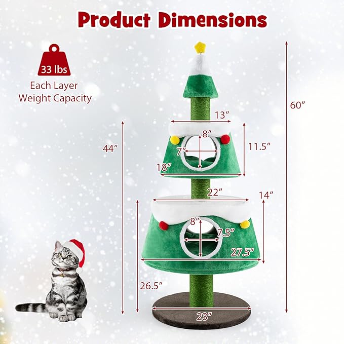 60" Christmas Cat Tower with 2-Level Cat Condos, Premium Scratching Posts,Star Design, Play Center for Kittens, Festive Cat Hideaway Furniture, Green