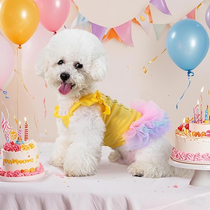 Dog Birthday Dress It's My Birthday Dog Dress Small Doggy Girl's Tutu Dresses Ruffle Sleeless Puppy Clothes Tulle Lace Skirt Pet Costume Cat Outfits (Yellow, M(12-18lb))
