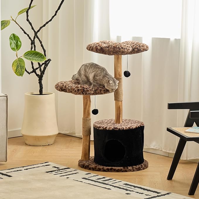 Modern Floral Cat Tree Tower with Real Wood Branch| Multi-Level Cat Tower with Scratching Posts | Cute Aesthetic cat Tree with Luxury cat condo for Indoor Cats (Leopard Flora)