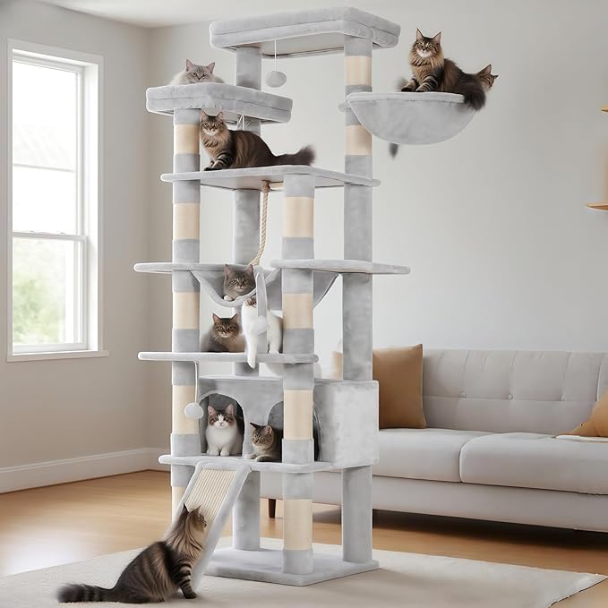 Heybly Tall Cat Tree, 78-inch Multi-Level Cat Tower for Indoor Cats, 2 Widened Plush Perches Cat Condo with Scratching Board and Big Caves, Light Gray HCT033W
