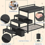 Pet Bunk Bed with Removable Stairs and 2 Drawers, Dogs/Cats Window Perch, Dog Window Seat with Soft Cushion, Ultra-Shallow Steps, Sturdy Metal Frame, Non-Slip, Load Capacity 60 LBS