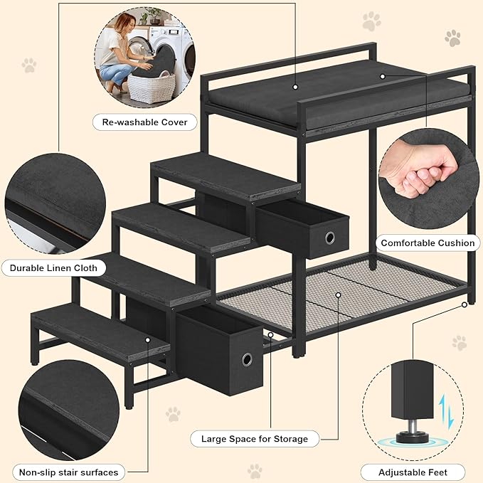 Pet Bunk Bed with Removable Stairs and 2 Drawers, Dogs/Cats Window Perch, Dog Window Seat with Soft Cushion, Ultra-Shallow Steps, Sturdy Metal Frame, Non-Slip, Load Capacity 60 LBS