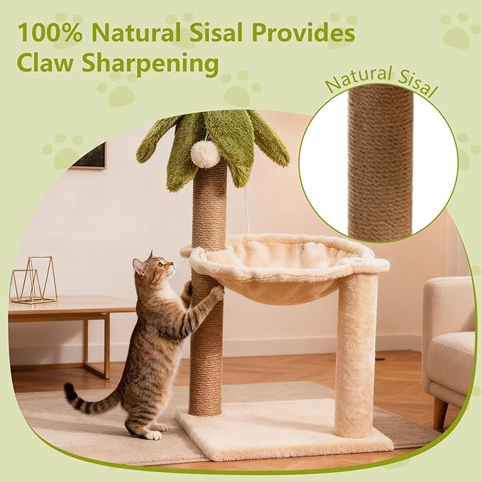 Simcat Kitten Tree with Plush Perch, Soft Hammock,and Paper Rope Scratching Posts, Stable Cat Stand，Durable Scratch Posts for Indoor Small Cats, 12.2 x 12.2 x 21.65 Inches, Beige
