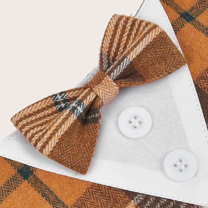 Fall Dog Tuxedo Bandana, Orange Plaid Pet Collar with Bowtie, Adjustable Halloween Thanksgiving Dog Tux Costume for Small Medium Large Pets