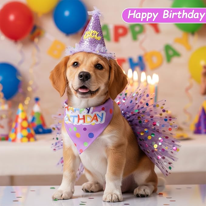 2 Pack Dog Birthday Dress Girl Dog Birthday Bandana with Hat and Dress Girl Set Puppy Party Supplies, Cute Tutu Skirt Outfit for Small Medium Large Dogs Decorations (Purple)