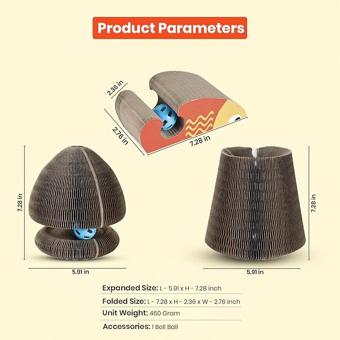 Kitty Kurlz Magic Organ Cat Scratcher Toy, Expandable Cardboard Cat Scratching Board, Interactive Cat Tunnel & Cat Bed with Bell Ball, Helps Protect Furniture & Keep Cats Active