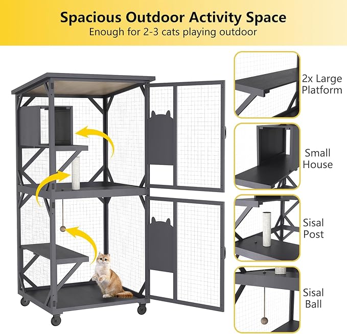 ROOMTEC Catio Outdoor Enclosure With Roof 71" Height Wooden House Large Cage With 3 Jumping Platforms and 1 Napping House for Cat Activity (Grey)