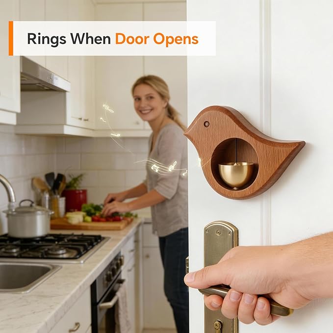 Bird Shape Shopkeepers Bell for Door Opening – Magnetic Wooden Door Chime & Brass Wind Bell for Business Entrance, Home Decor – Cute Bird Alert for Fridge, Porch, Barn Door No Battery